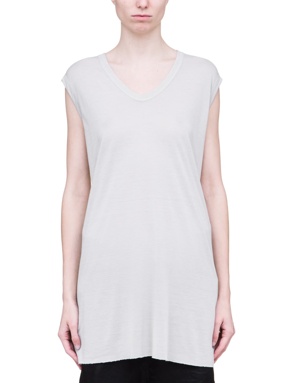 RICK OWENS SS19 BABEL V NECK SLEEVELESS TEE IN OYSTER LIGHT GREY VISCOSE SILK JERSEY