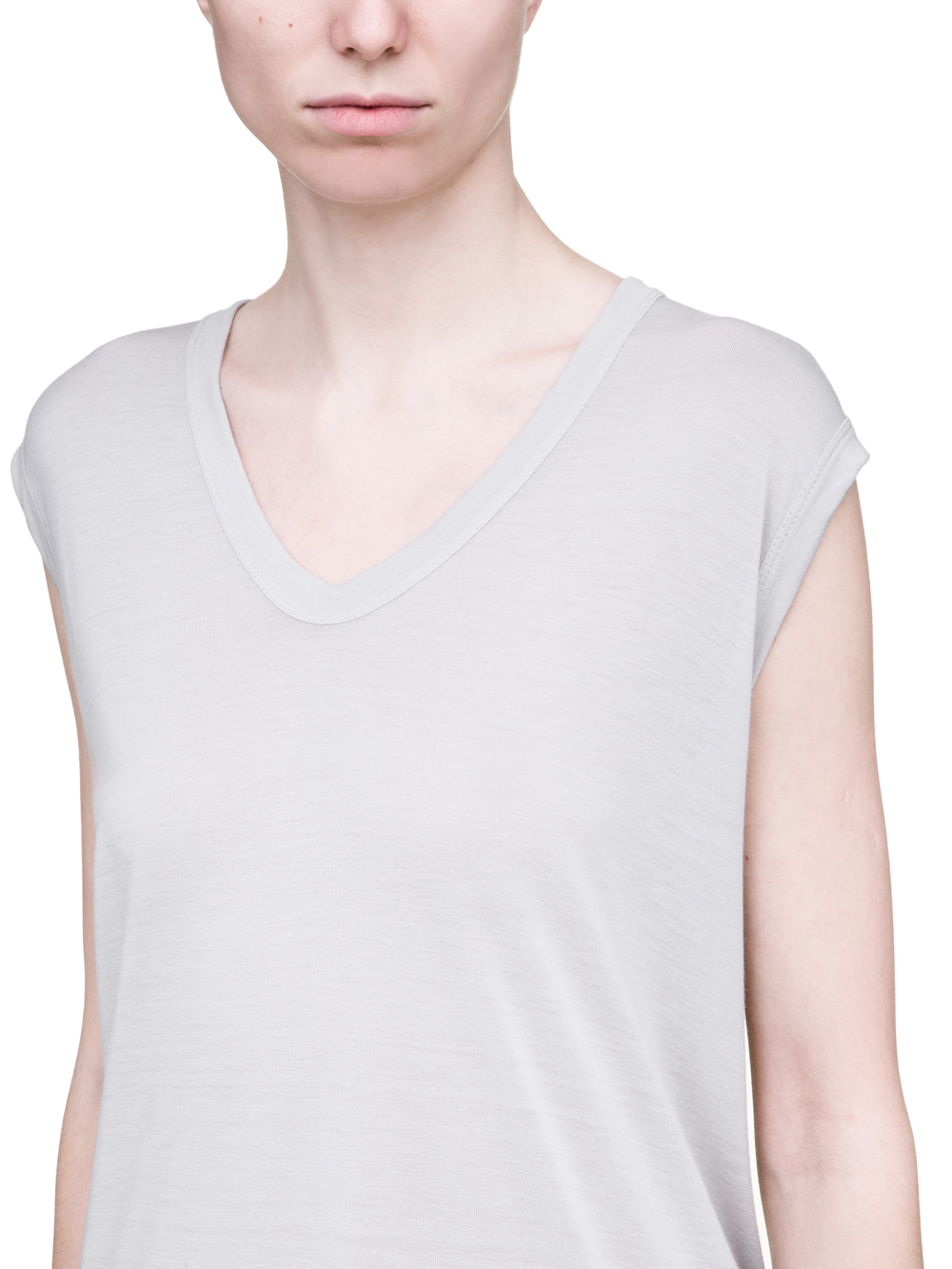 RICK OWENS SS19 BABEL V NECK SLEEVELESS TEE IN OYSTER LIGHT GREY VISCOSE SILK JERSEY