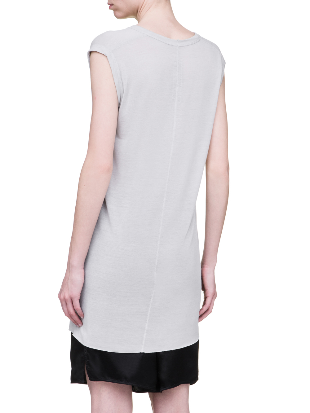 RICK OWENS SS19 BABEL V NECK SLEEVELESS TEE IN OYSTER LIGHT GREY VISCOSE SILK JERSEY