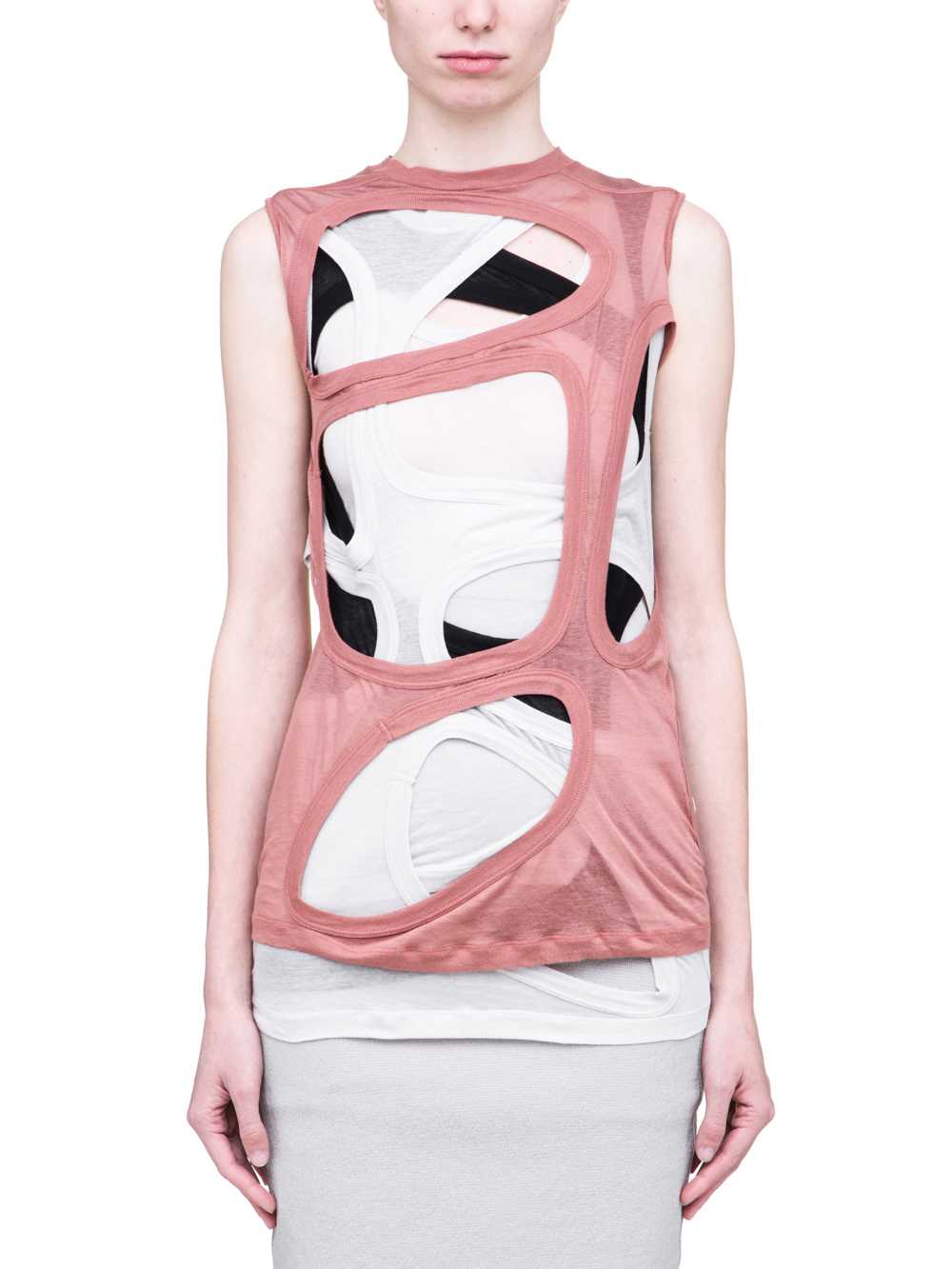 RICK OWENS SS19 BABEL MEGA MEMBRANE TEE IN LIGHT COTTON IS A COMBO OF THREE DIRT MEMBRANE TEES IN BLACK, GREY AND PINK