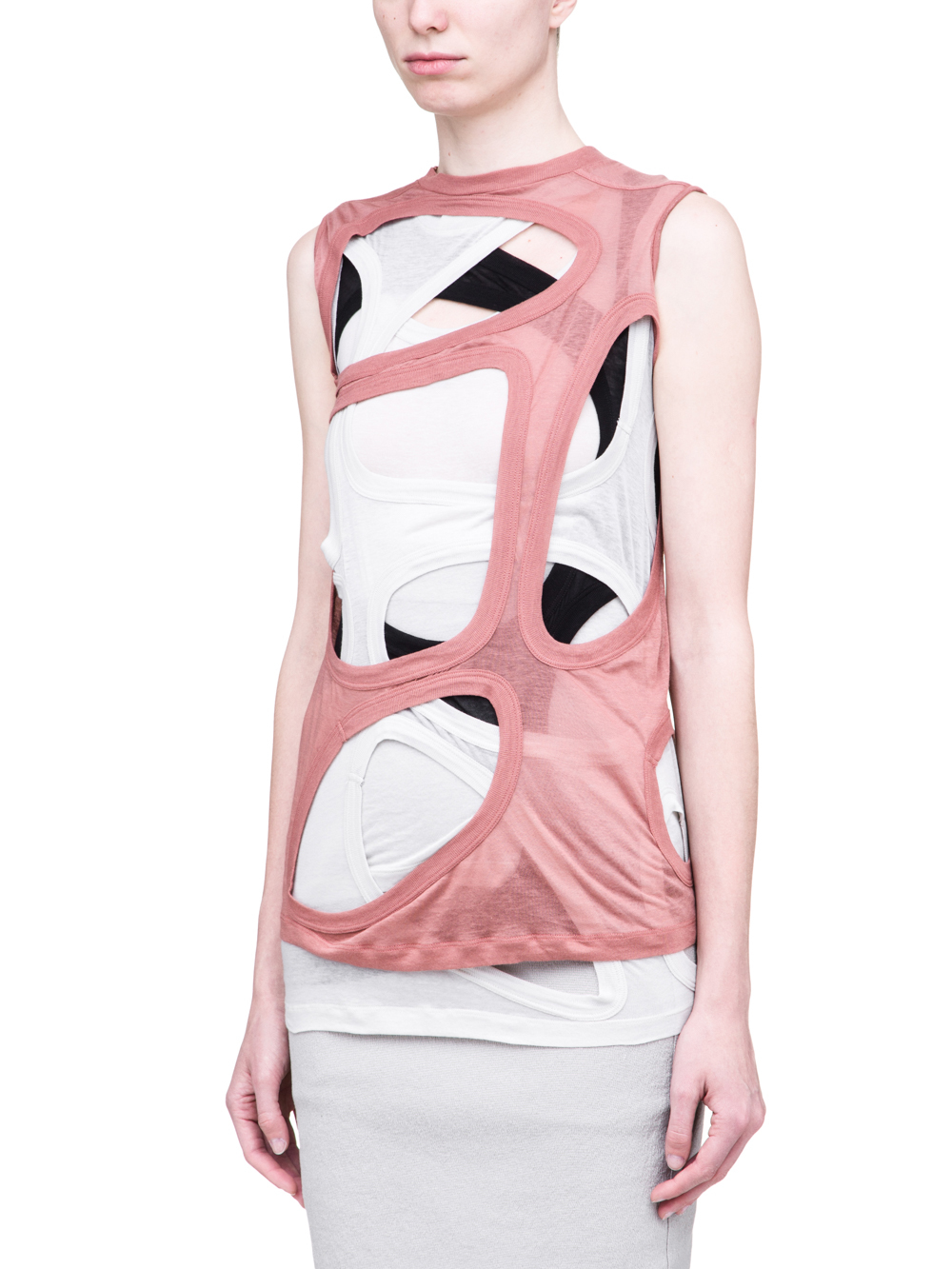RICK OWENS SS19 BABEL MEGA MEMBRANE TEE IN LIGHT COTTON IS A COMBO OF THREE DIRT MEMBRANE TEES IN BLACK, GREY AND PINK