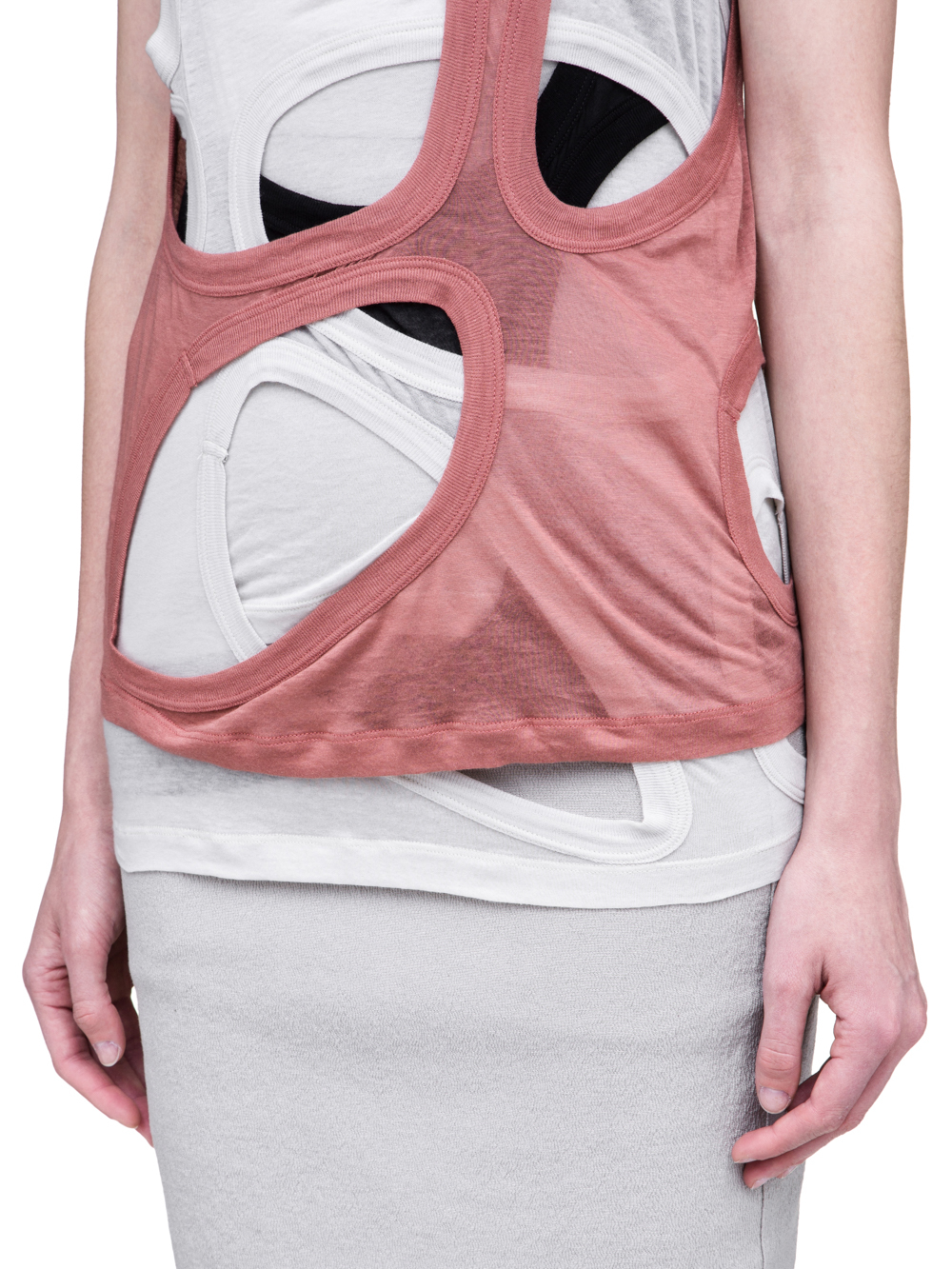 RICK OWENS SS19 BABEL MEGA MEMBRANE TEE IN LIGHT COTTON IS A COMBO OF THREE DIRT MEMBRANE TEES IN BLACK, GREY AND PINK