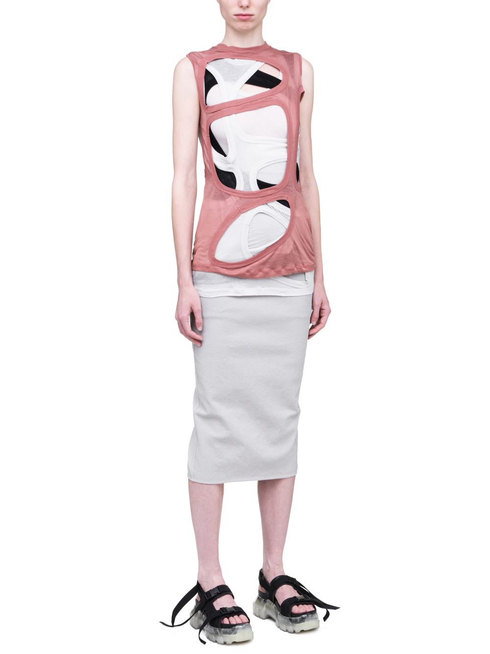 RICK OWENS SS19 BABEL MEGA MEMBRANE TEE IN LIGHT COTTON IS A COMBO OF THREE DIRT MEMBRANE TEES IN BLACK, GREY AND PINK