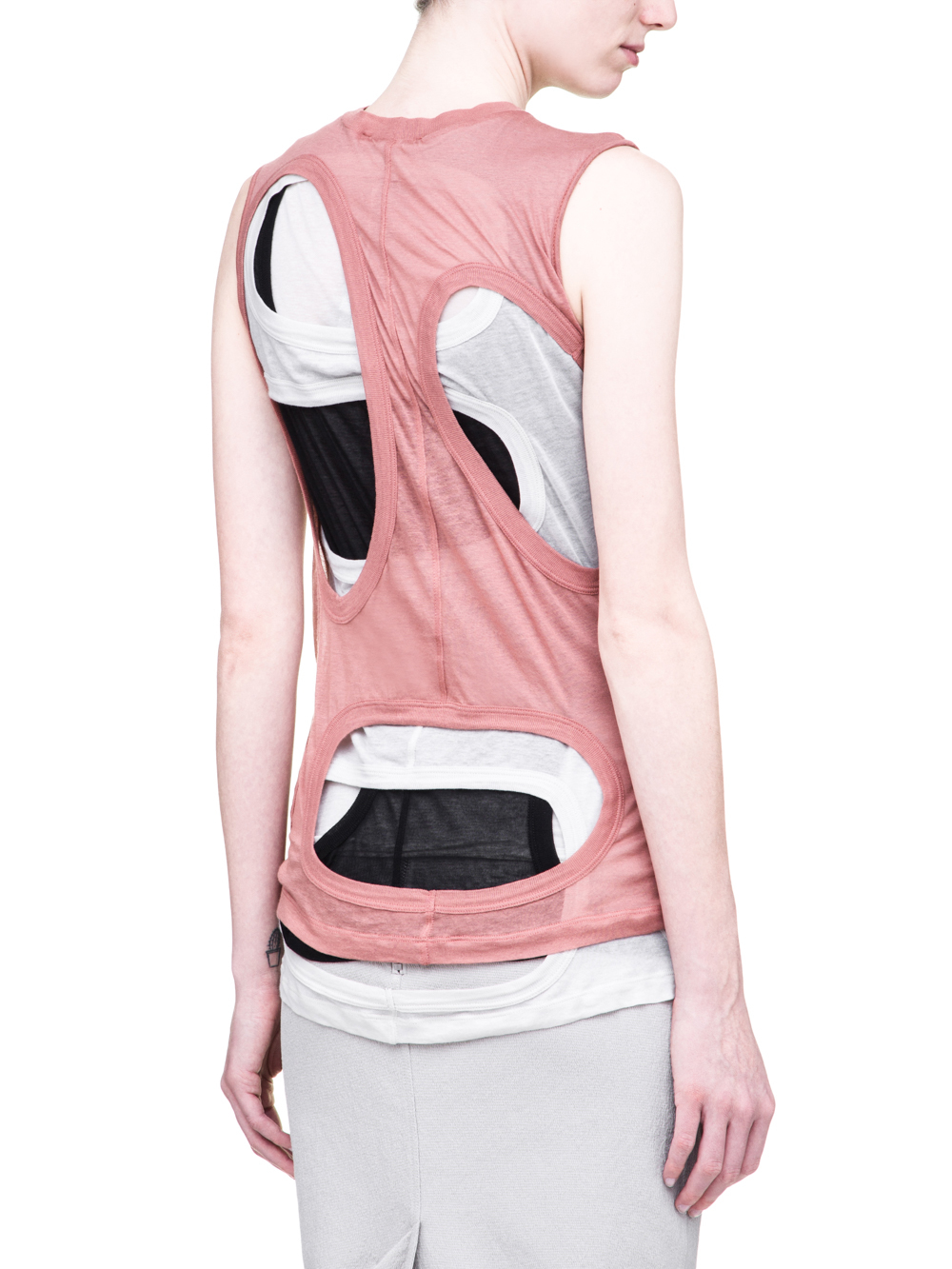 RICK OWENS SS19 BABEL MEGA MEMBRANE TEE IN LIGHT COTTON IS A COMBO OF THREE DIRT MEMBRANE TEES IN BLACK, GREY AND PINK