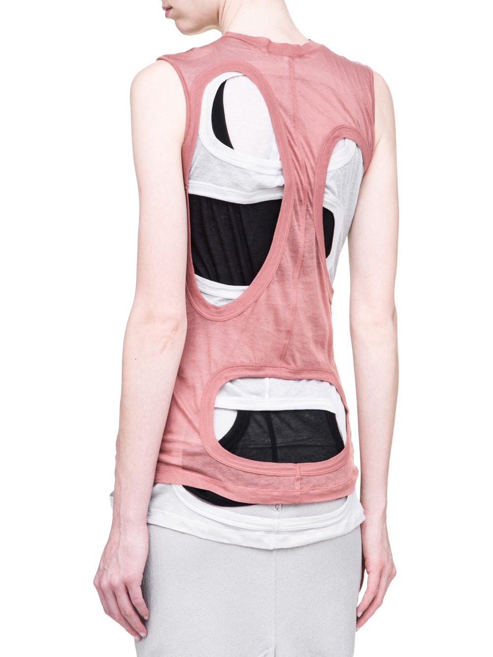 RICK OWENS SS19 BABEL MEGA MEMBRANE TEE IN LIGHT COTTON IS A COMBO OF THREE DIRT MEMBRANE TEES IN BLACK, GREY AND PINK