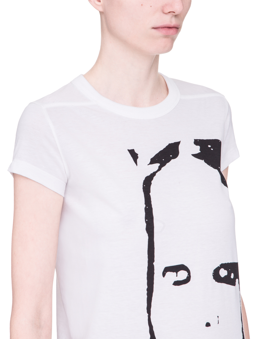 RICK OWENS SS19 BABEL LEVEL SHORTSLEEVE TEE IN WHITE COTTON FEATURES A BLACK OVERSIZED KEMBRA PRINT ON THE FRONT