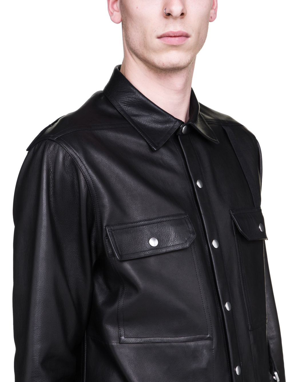RICK OWENS SS19 BABEL OUTERSHIRT IN BLACK COWBOY CALF LEATHER