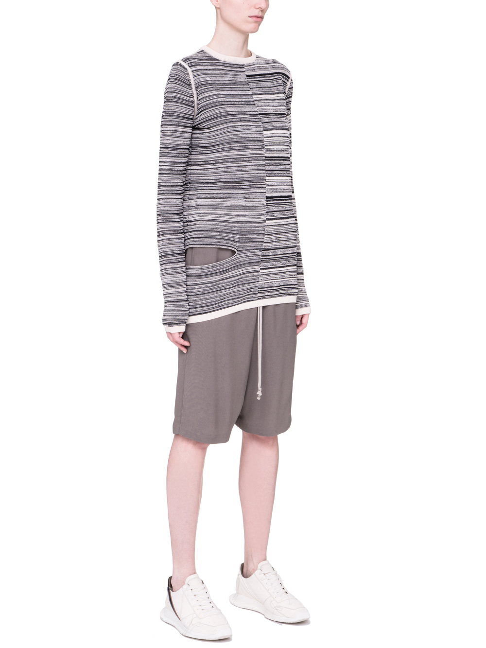 RICK OWENS SS19 BABEL SUB SHRED MIX SWEATER IN BLACK AND NATURAL BEIGE
