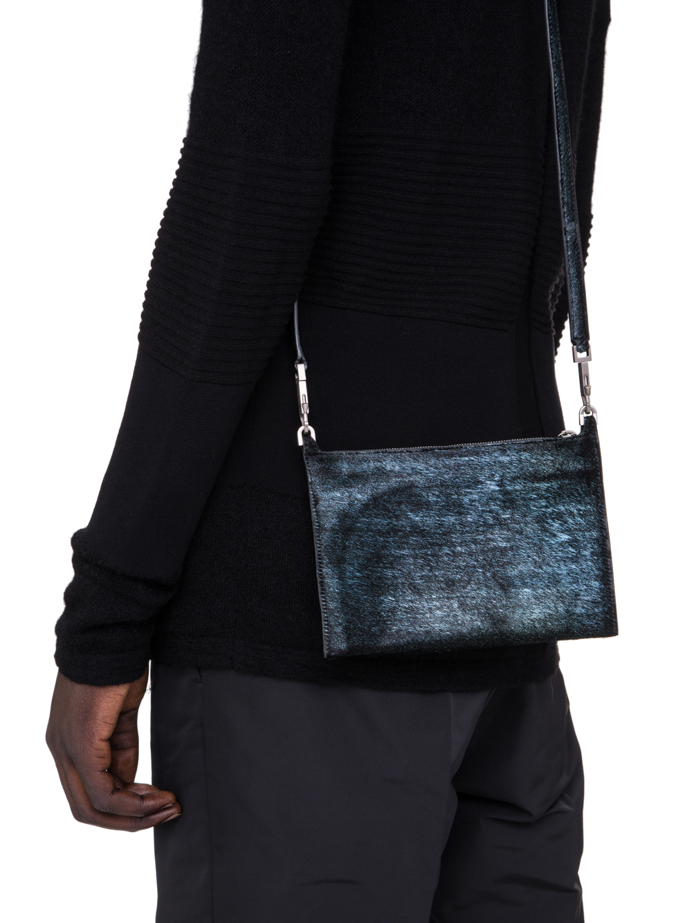 RICK OWENS SS19 BABEL CLUB POUCH IN IRIDESCENT BLUE LEATHER