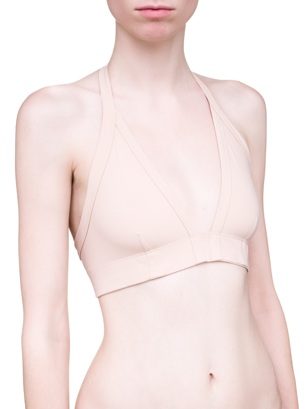 RICK OWENS SS19 BABEL BIKINI TOP IN NUDE BEIGE HAS A HALTER NECKLINE.