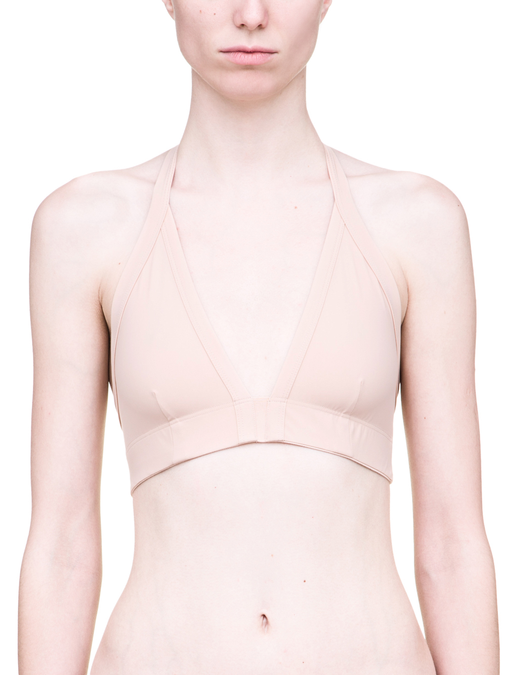 RICK OWENS SS19 BABEL BIKINI TOP IN NUDE BEIGE HAS A HALTER NECKLINE.
