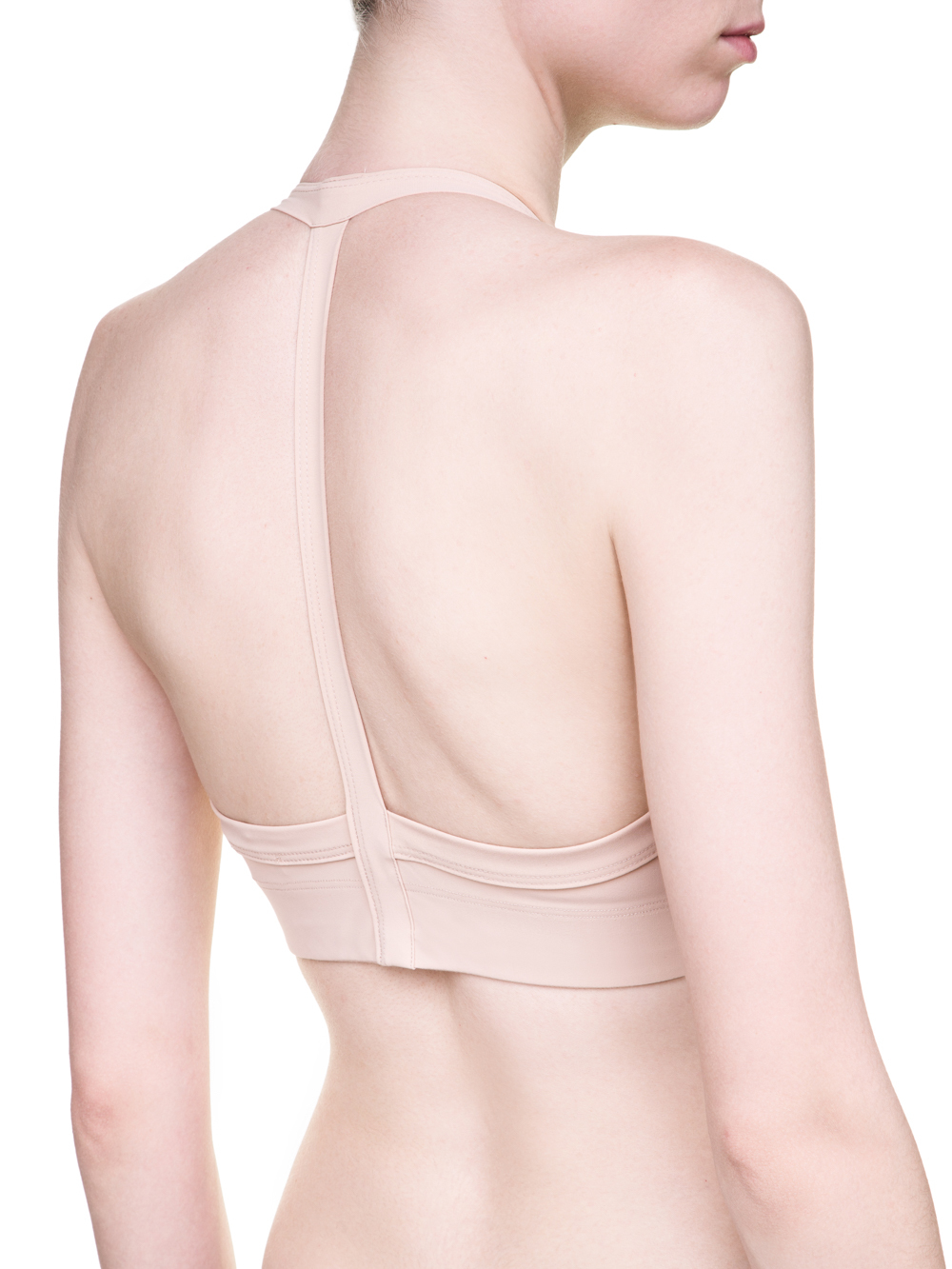 RICK OWENS SS19 BABEL BIKINI TOP IN NUDE BEIGE HAS A HALTER NECKLINE.