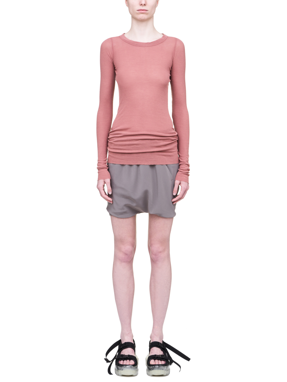 RICK OWENS SS19 BABEL LONG SLEEVE RIB TEE IN CYCLAMEN PINK VISCOSE SILK RIB