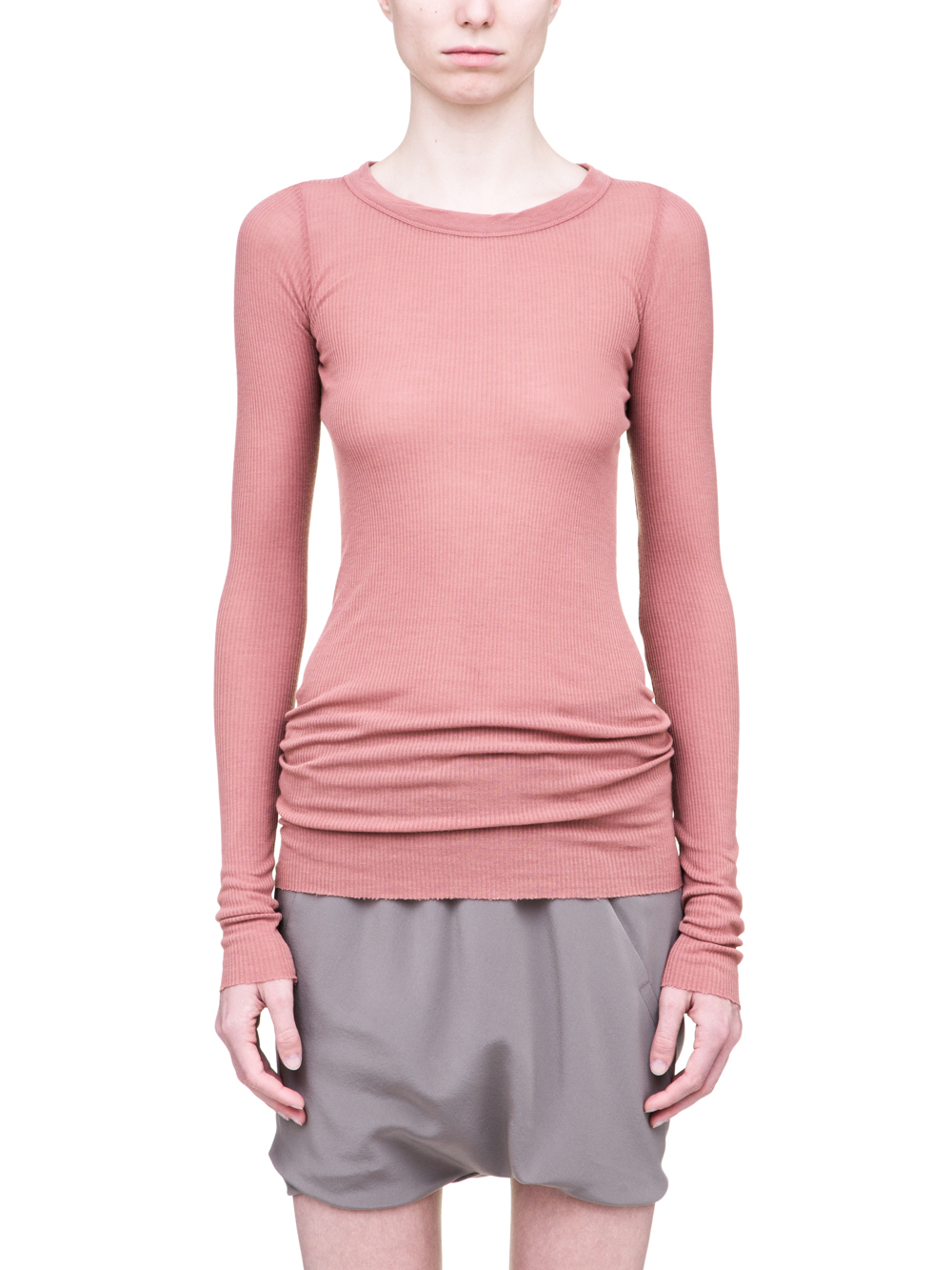 RICK OWENS SS19 BABEL LONG SLEEVE RIB TEE IN CYCLAMEN PINK VISCOSE SILK RIB