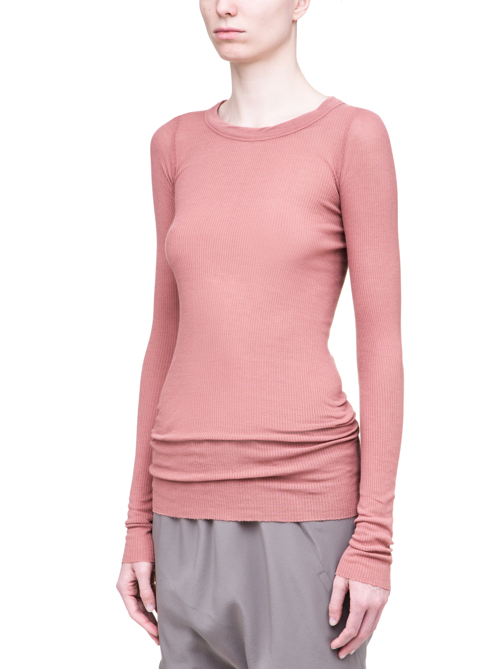 RICK OWENS SS19 BABEL LONG SLEEVE RIB TEE IN CYCLAMEN PINK VISCOSE SILK RIB