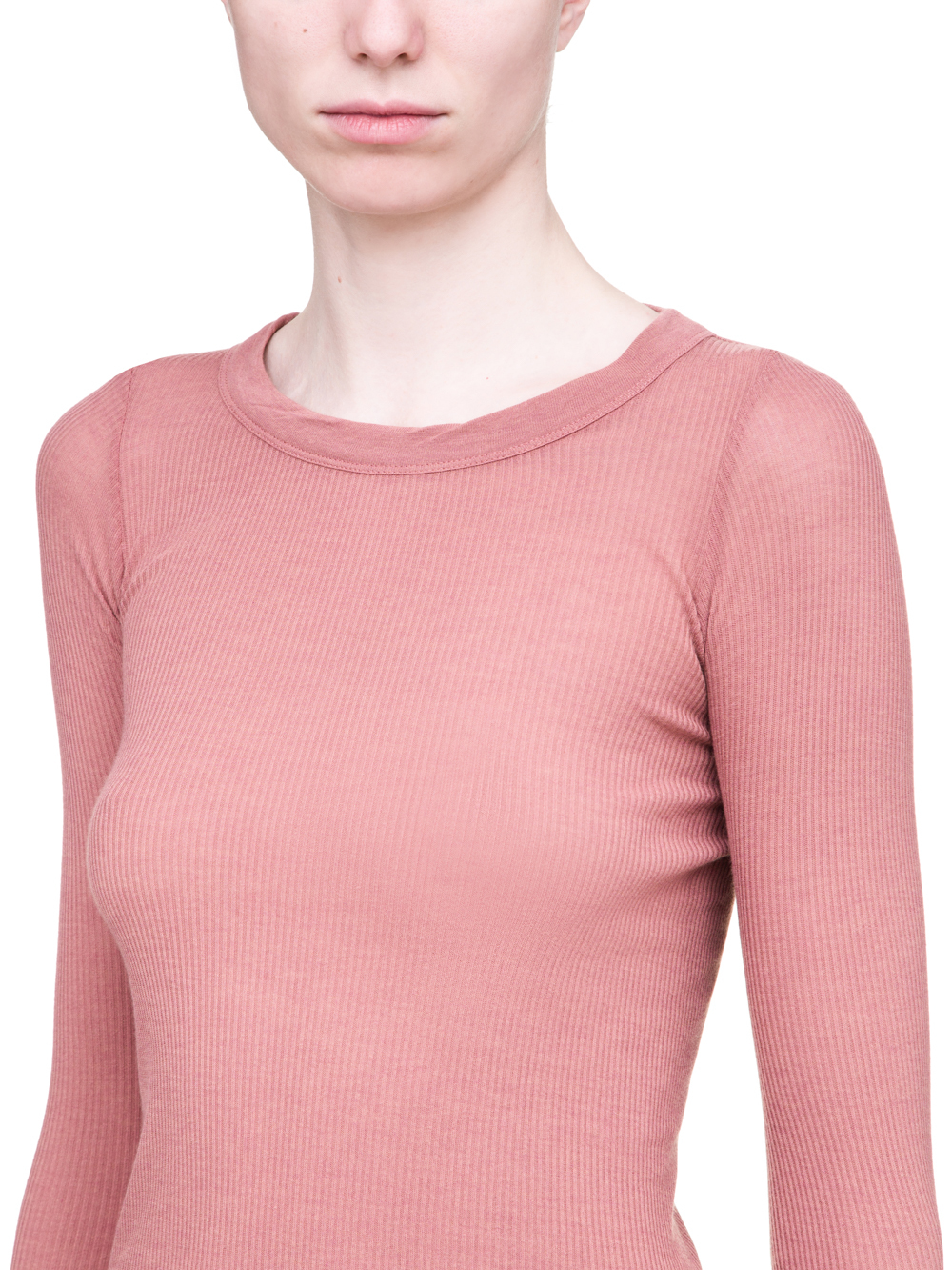 RICK OWENS SS19 BABEL LONG SLEEVE RIB TEE IN CYCLAMEN PINK VISCOSE SILK RIB