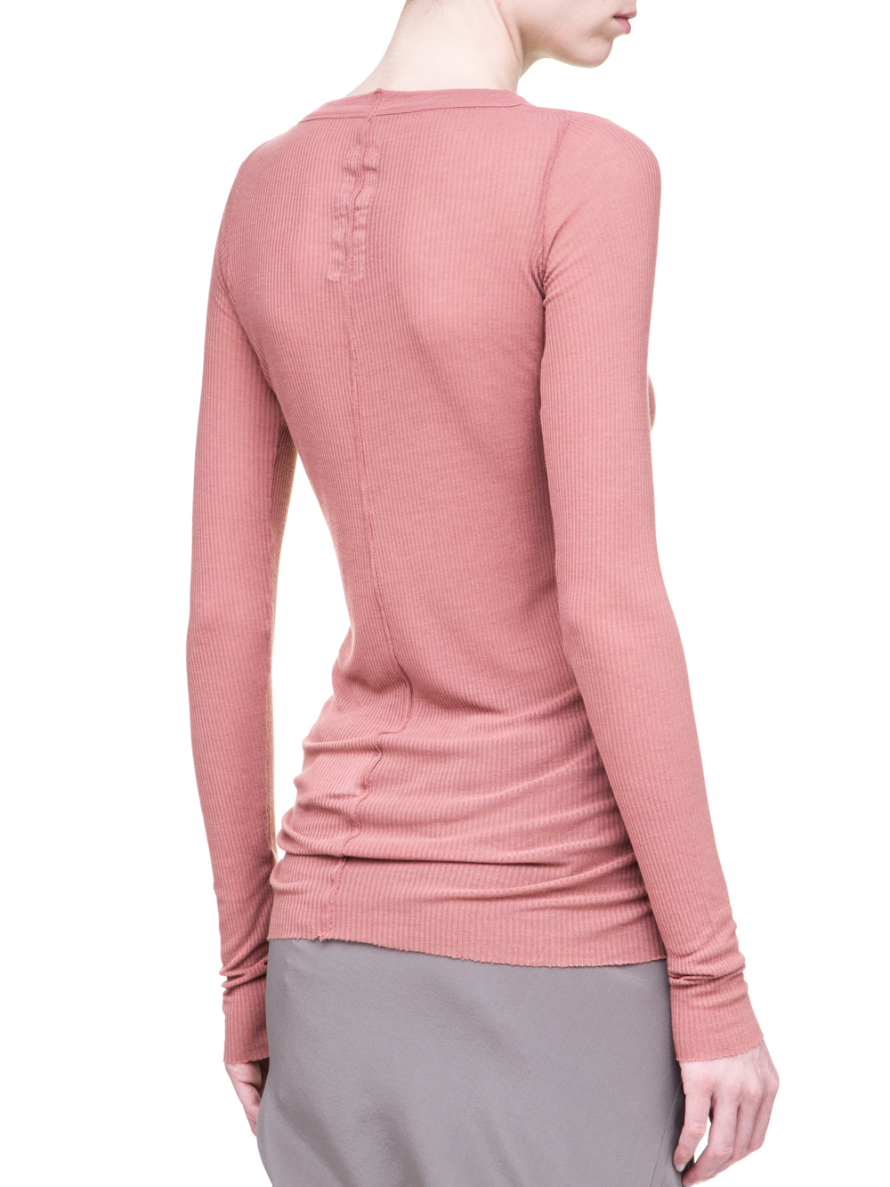 RICK OWENS SS19 BABEL LONG SLEEVE RIB TEE IN CYCLAMEN PINK VISCOSE SILK RIB