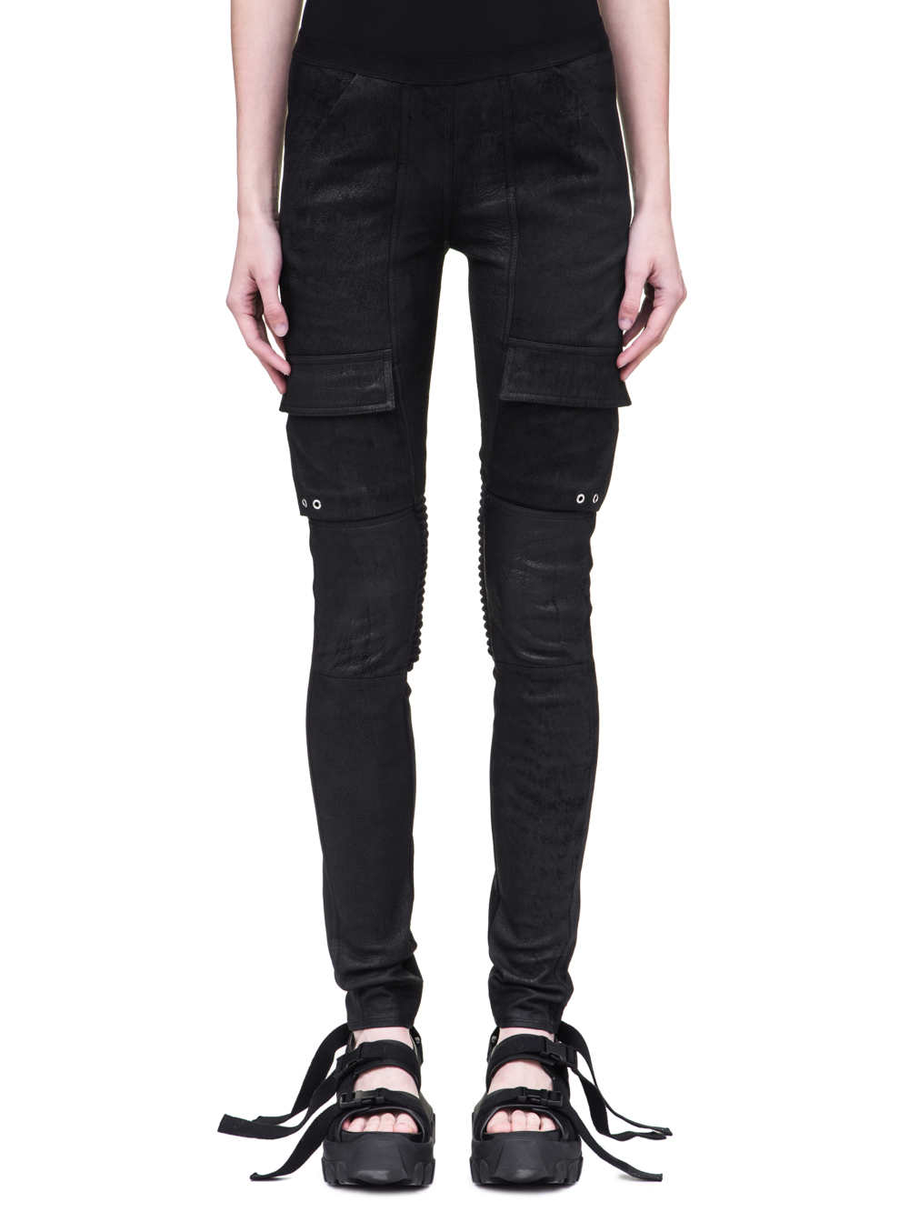RICK OWENS SS19 BABEL LEATHER LEGGINGS IN BLACK STRETCH BLISTER LEATHER