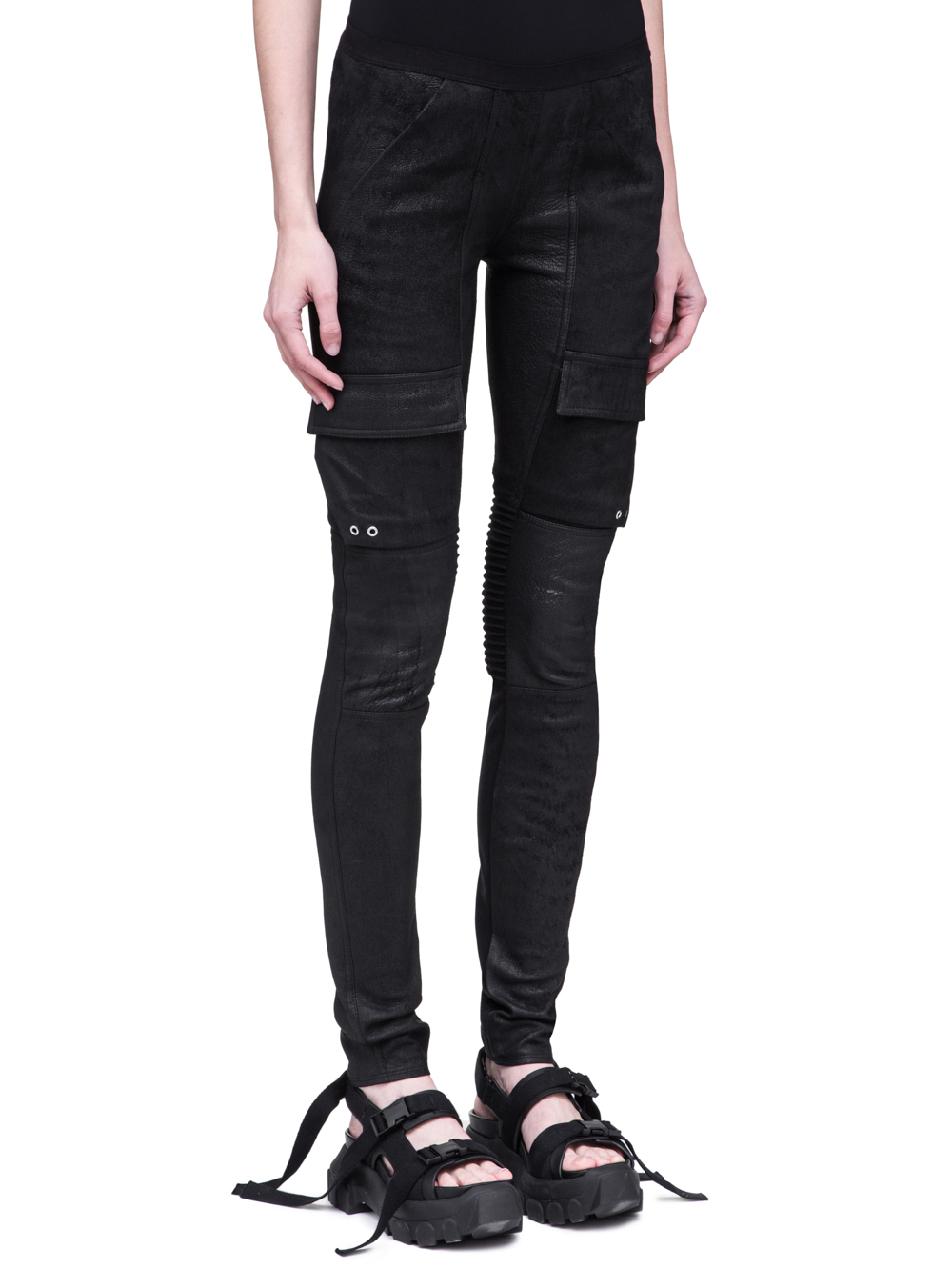 RICK OWENS SS19 BABEL LEATHER LEGGINGS IN BLACK STRETCH BLISTER LEATHER