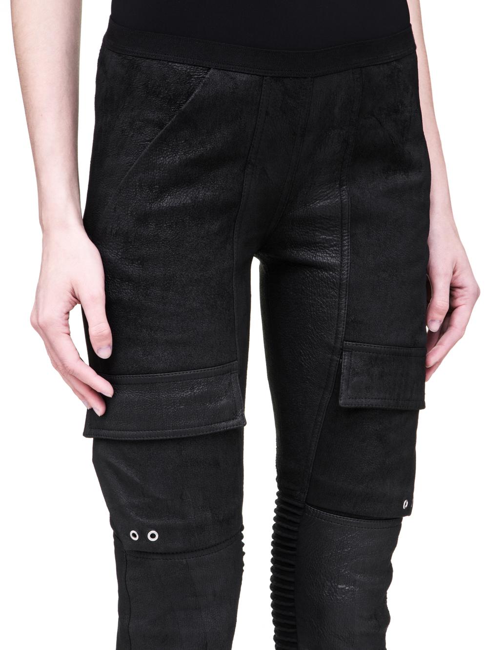 RICK OWENS SS19 BABEL LEATHER LEGGINGS IN BLACK STRETCH BLISTER LEATHER