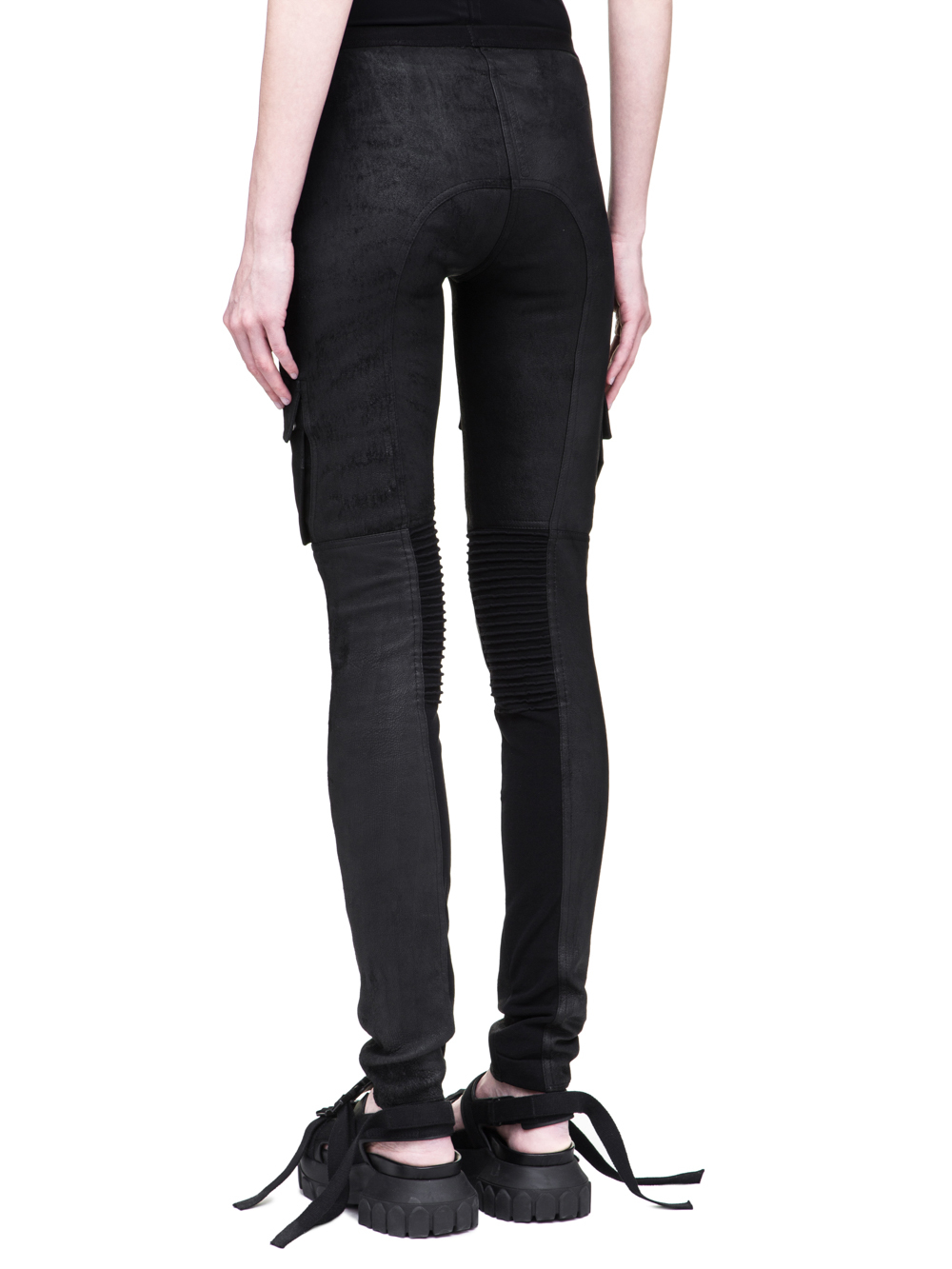 RICK OWENS SS19 BABEL LEATHER LEGGINGS IN BLACK STRETCH BLISTER LEATHER