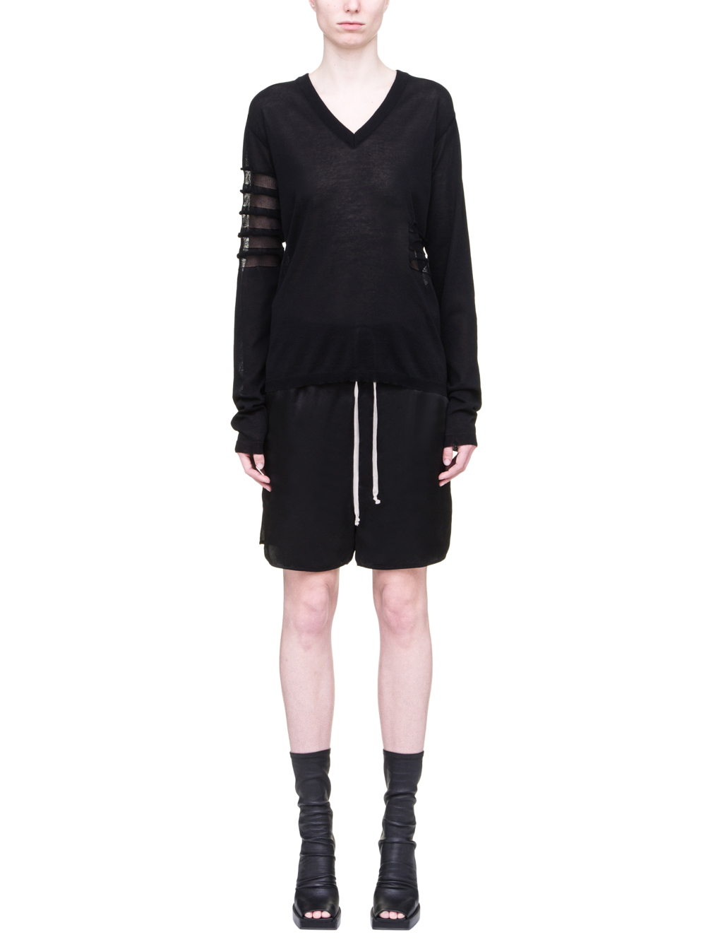 RICK OWENS SS19 BABEL SOFT V NECK SWEATSHIRT IN BLACK LIGHT COTTON