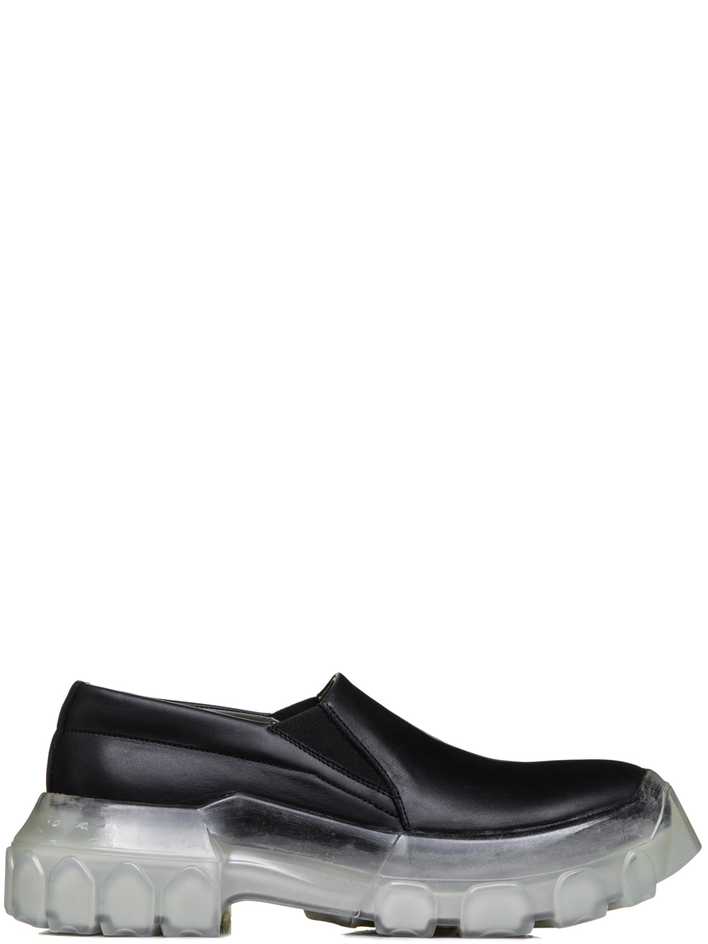 RICK OWENS SS19 BABEL TRACTOR BOAT SNEAKERS IN BLACK CALF LEATHER ""CLEAR"" TRANSPARENT TRACTOR SOLES