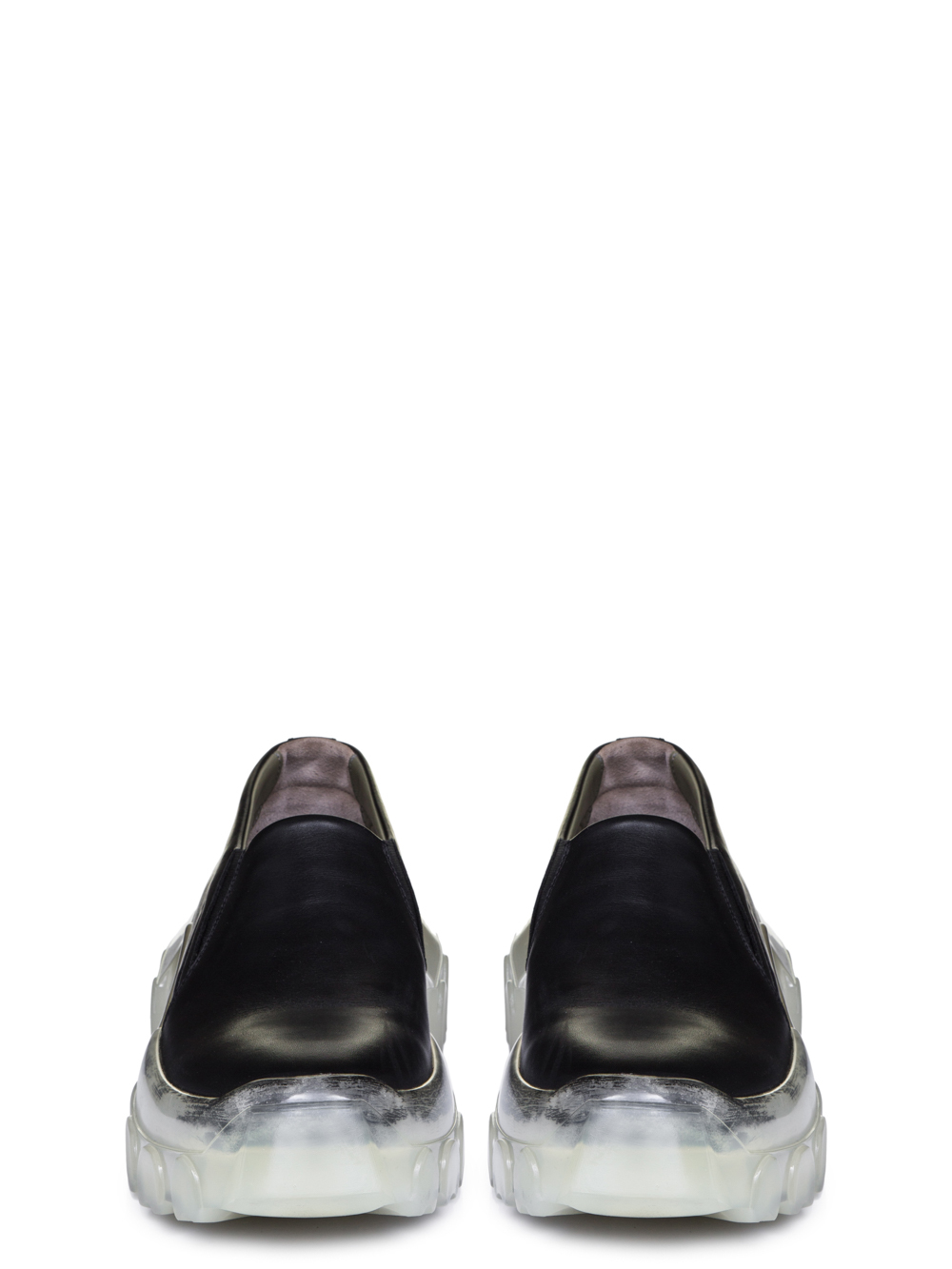 RICK OWENS SS19 BABEL TRACTOR BOAT SNEAKERS IN BLACK CALF LEATHER ""CLEAR"" TRANSPARENT TRACTOR SOLES