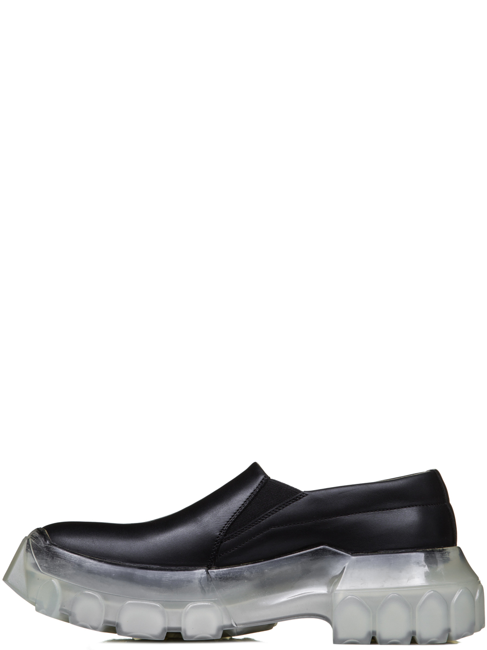 RICK OWENS SS19 BABEL TRACTOR BOAT SNEAKERS IN BLACK CALF LEATHER ""CLEAR"" TRANSPARENT TRACTOR SOLES