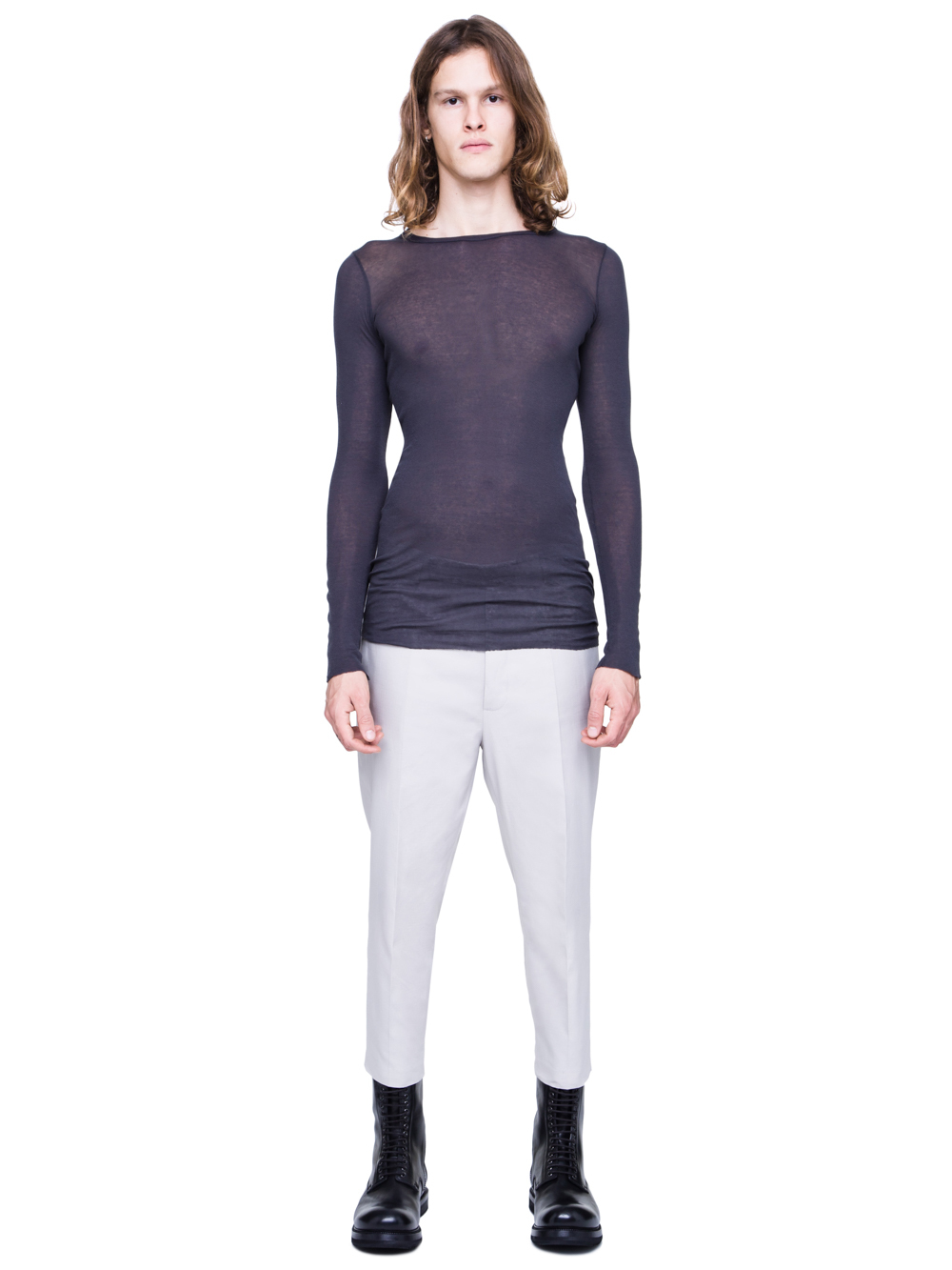 RICK OWENS SS19 BABEL LONGSLEEVE RIB TEE IN BLUJAY BLUE MINI RIB COTTON