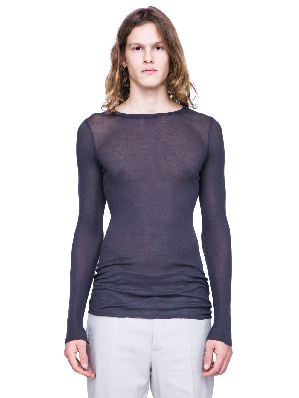 RICK OWENS SS19 BABEL LONGSLEEVE RIB TEE IN BLUJAY BLUE MINI RIB COTTON