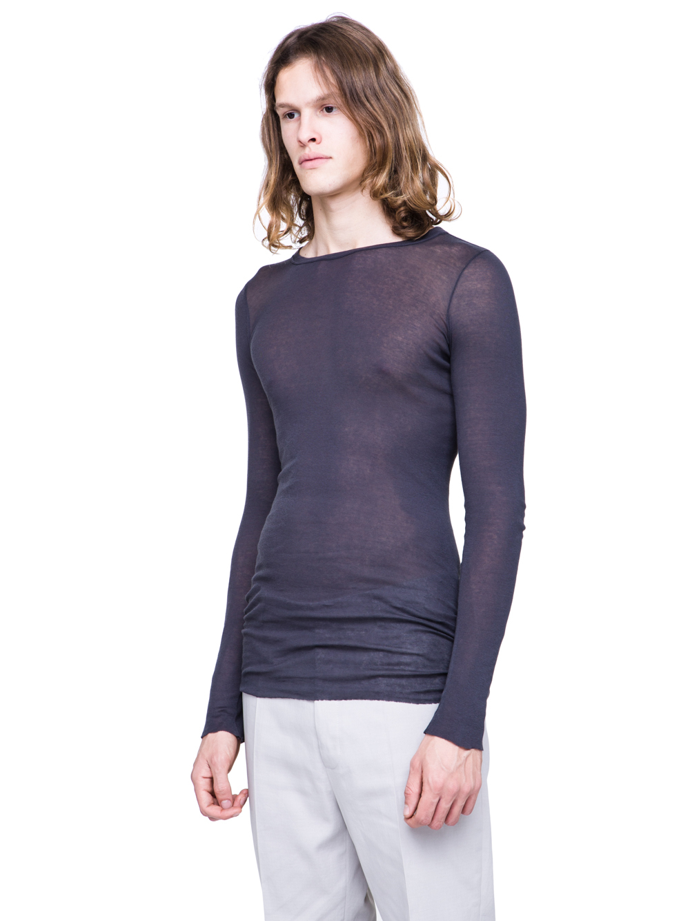 RICK OWENS SS19 BABEL LONGSLEEVE RIB TEE IN BLUJAY BLUE MINI RIB COTTON