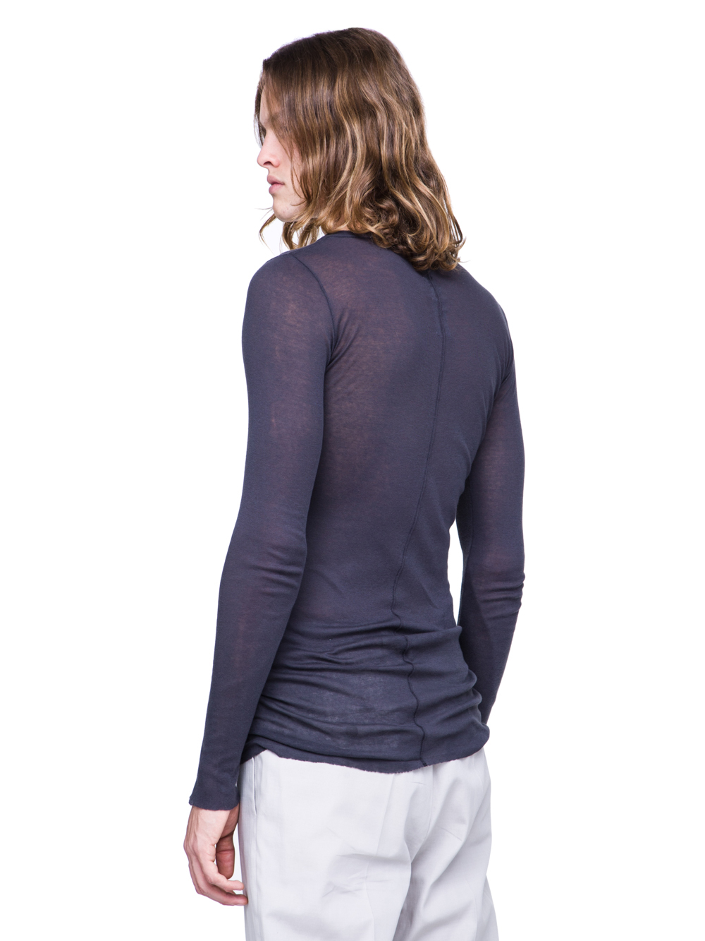 RICK OWENS SS19 BABEL LONGSLEEVE RIB TEE IN BLUJAY BLUE MINI RIB COTTON