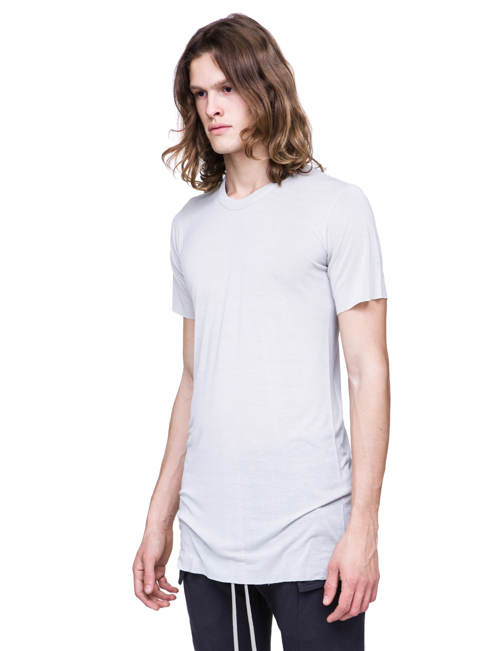 RICK OWENS SS19 BABEL BASIC SHORTSLEEVE TEE IN OYSTER LIGHT GREY VISCOSE SILK JERSEY