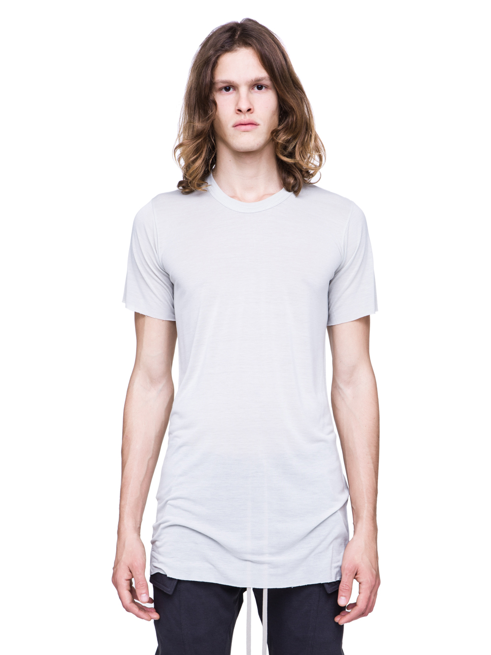RICK OWENS SS19 BABEL BASIC SHORTSLEEVE TEE IN OYSTER LIGHT GREY VISCOSE SILK JERSEY