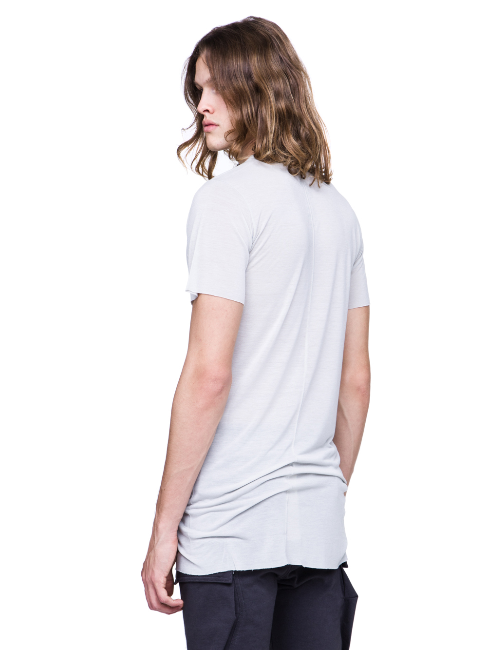 RICK OWENS SS19 BABEL BASIC SHORTSLEEVE TEE IN OYSTER LIGHT GREY VISCOSE SILK JERSEY