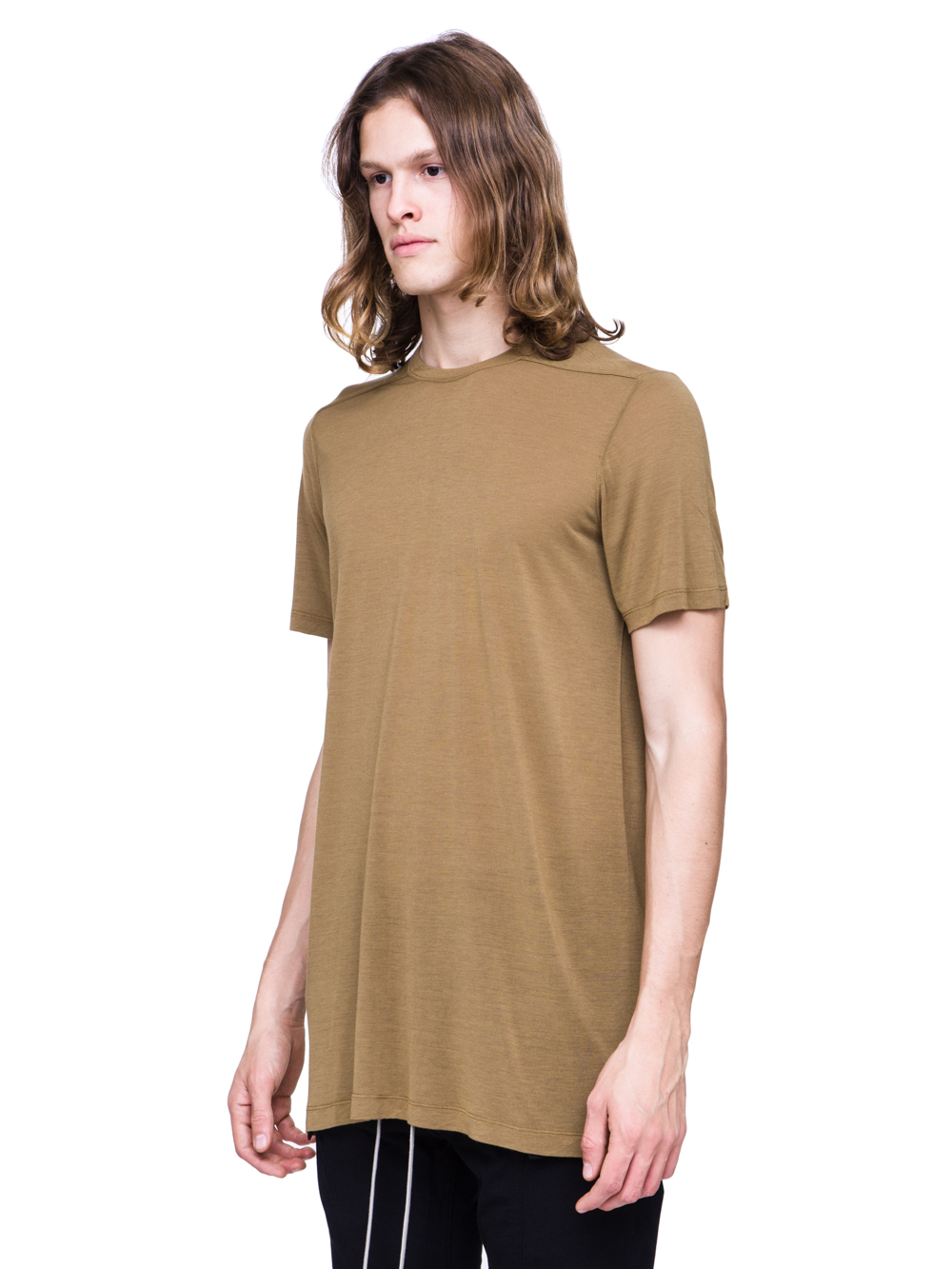 RICK OWENS SS19 BABEL LEVEL TEE IN MUSTARD GREEN VISCOSE SILK JERSEY