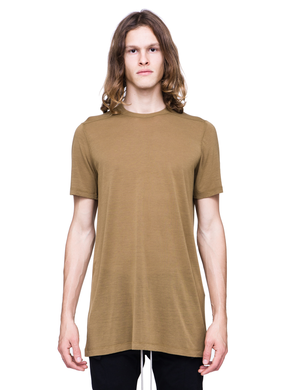 RICK OWENS SS19 BABEL LEVEL TEE IN MUSTARD GREEN VISCOSE SILK JERSEY