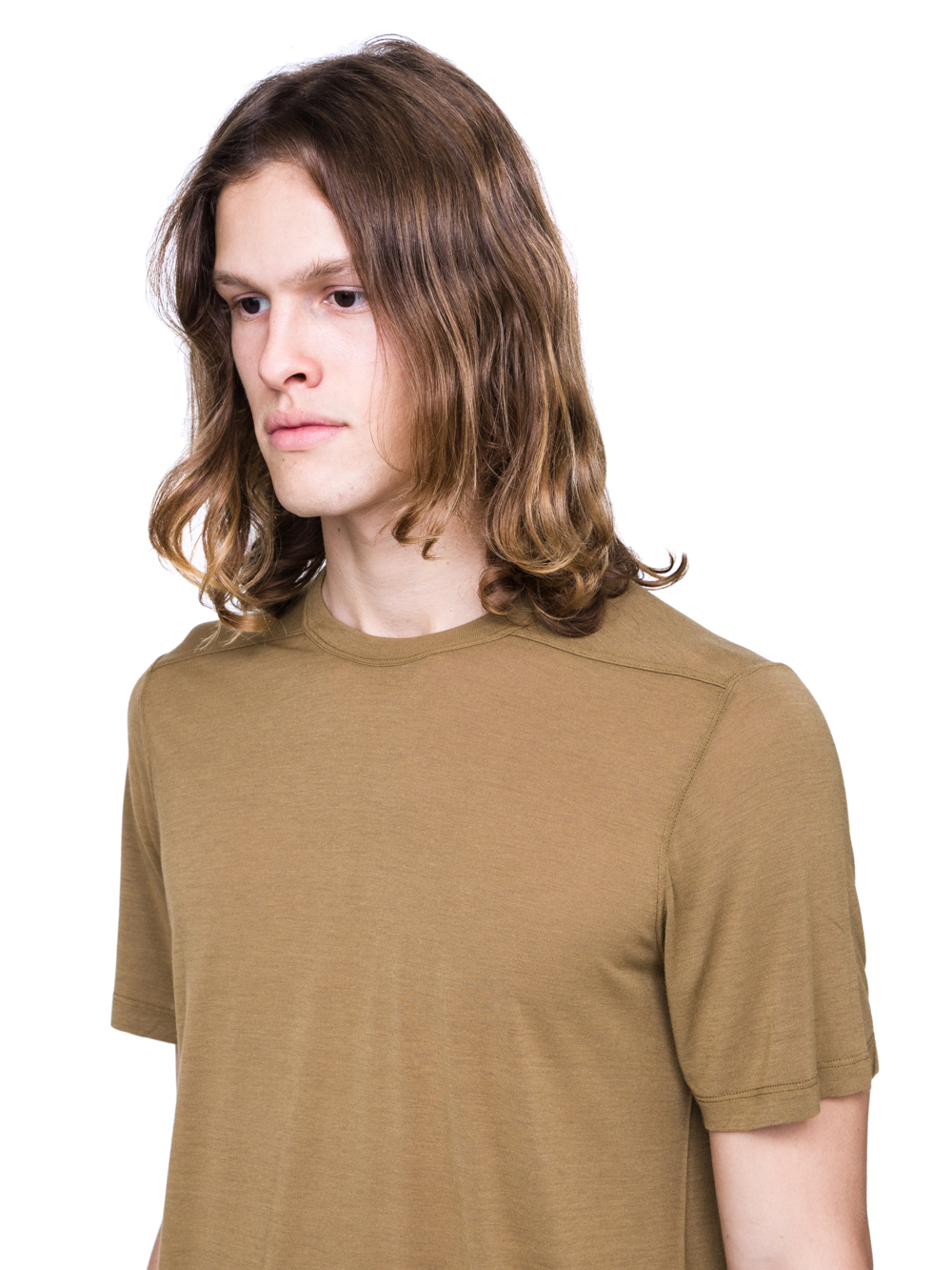 RICK OWENS SS19 BABEL LEVEL TEE IN MUSTARD GREEN VISCOSE SILK JERSEY