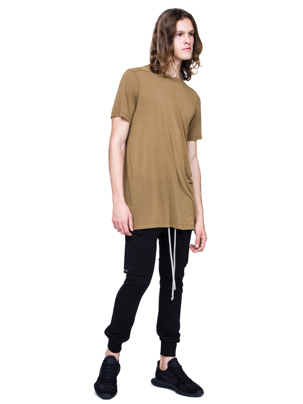 RICK OWENS SS19 BABEL LEVEL TEE IN MUSTARD GREEN VISCOSE SILK JERSEY