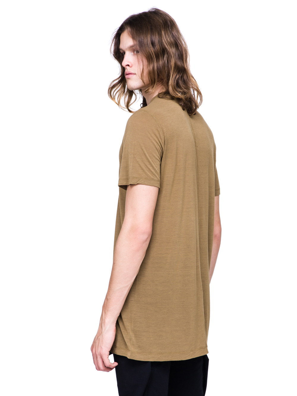 RICK OWENS SS19 BABEL LEVEL TEE IN MUSTARD GREEN VISCOSE SILK JERSEY