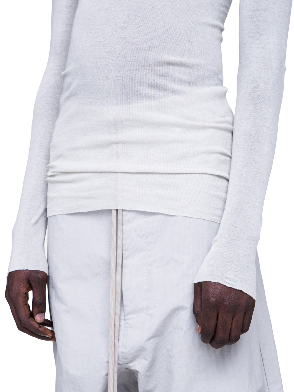 RICK OWENS SS19 BABEL LONGSLEEVE RIB TEE IN OYSTER LIGHT GREY MINI RIB COTTON
